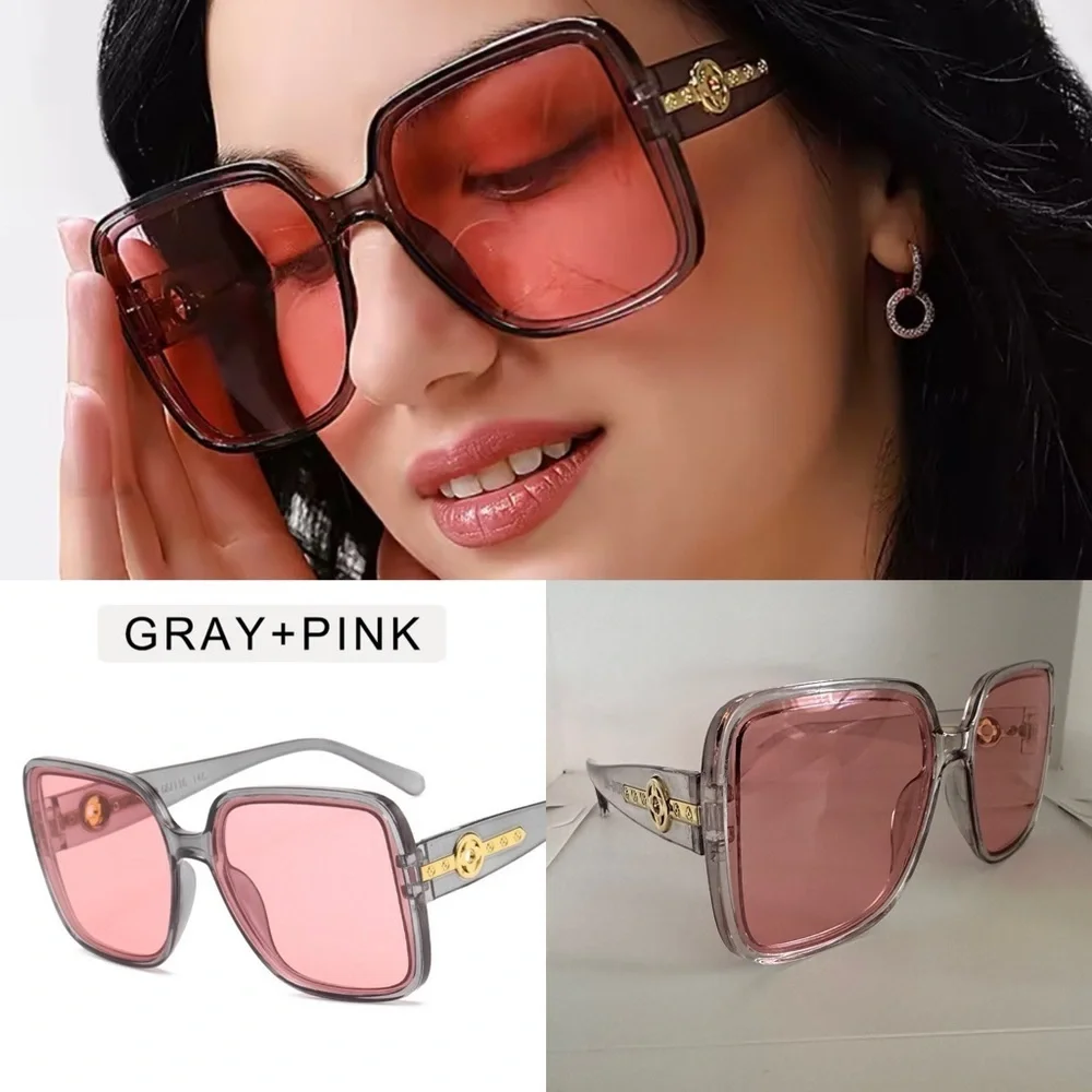 Oversized Square Sunglasses Gray Frame Pink Lens Gold DetailTrendy Fashion UV400